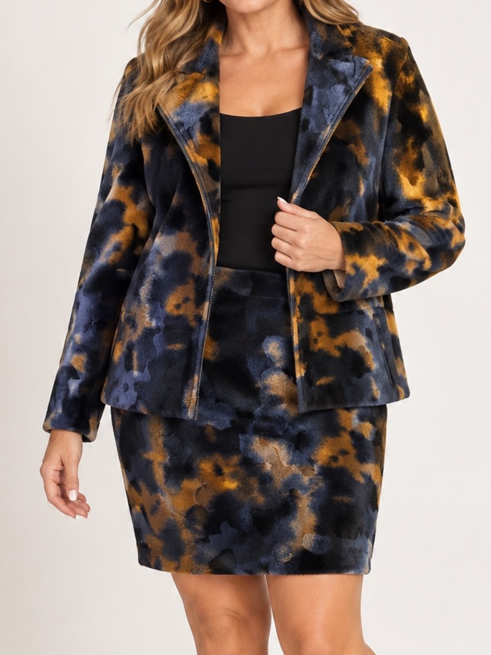 Harve Benard Navy and Mustard Velvet Abstract Suit Set